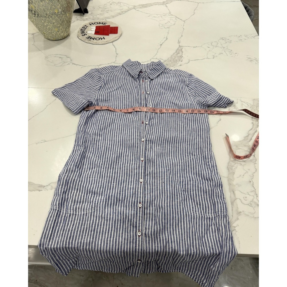Tahari Dress Womens Medium Blue White Striped Linen Shirt Short Sleeve Casual - Picture 7 of 8